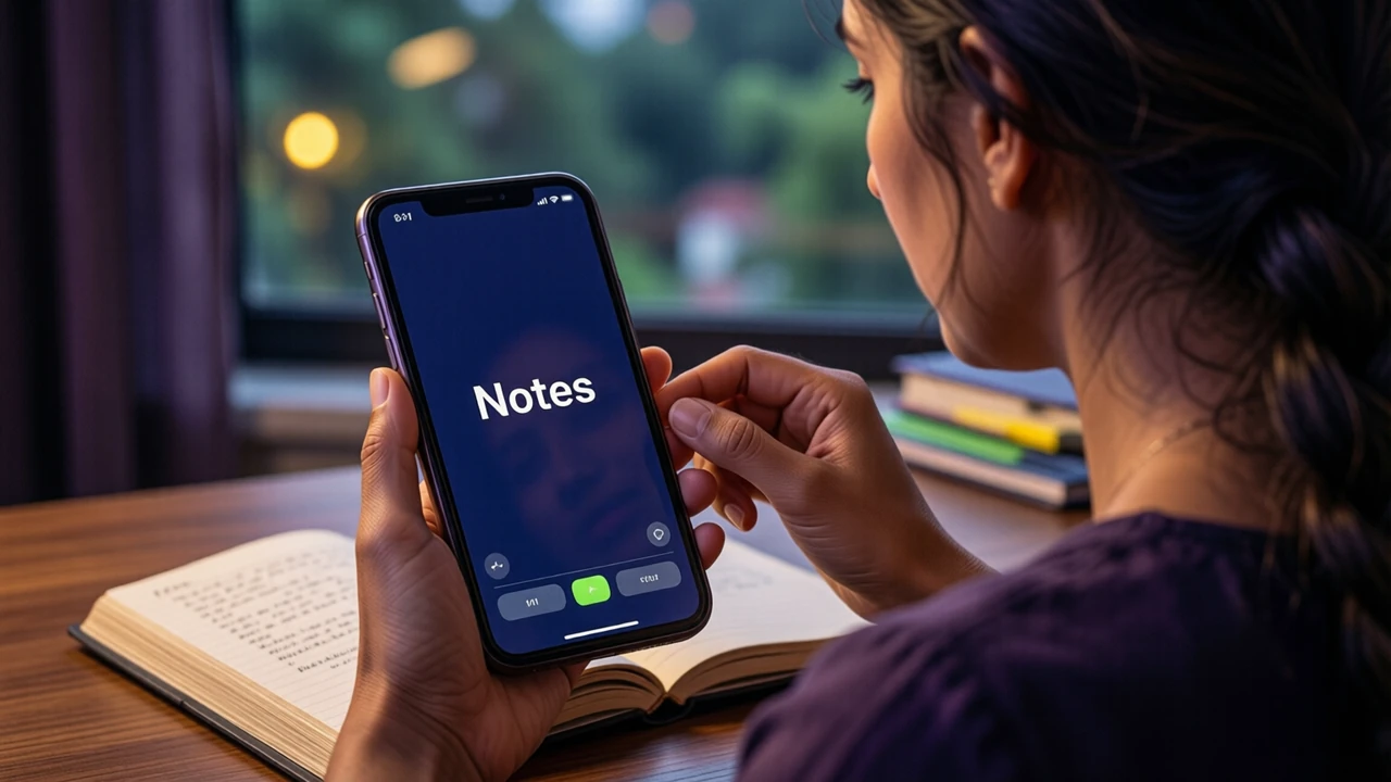 An Indian woman in her thirties with her hair in a loose plait sitting at a desk by a window in the evening, a paper notebook open beside her, holding one phone upright and comparing it with her notes; the phone screen is a flat deep navy field with the single white word "Notes", only one person and one phone in the picture