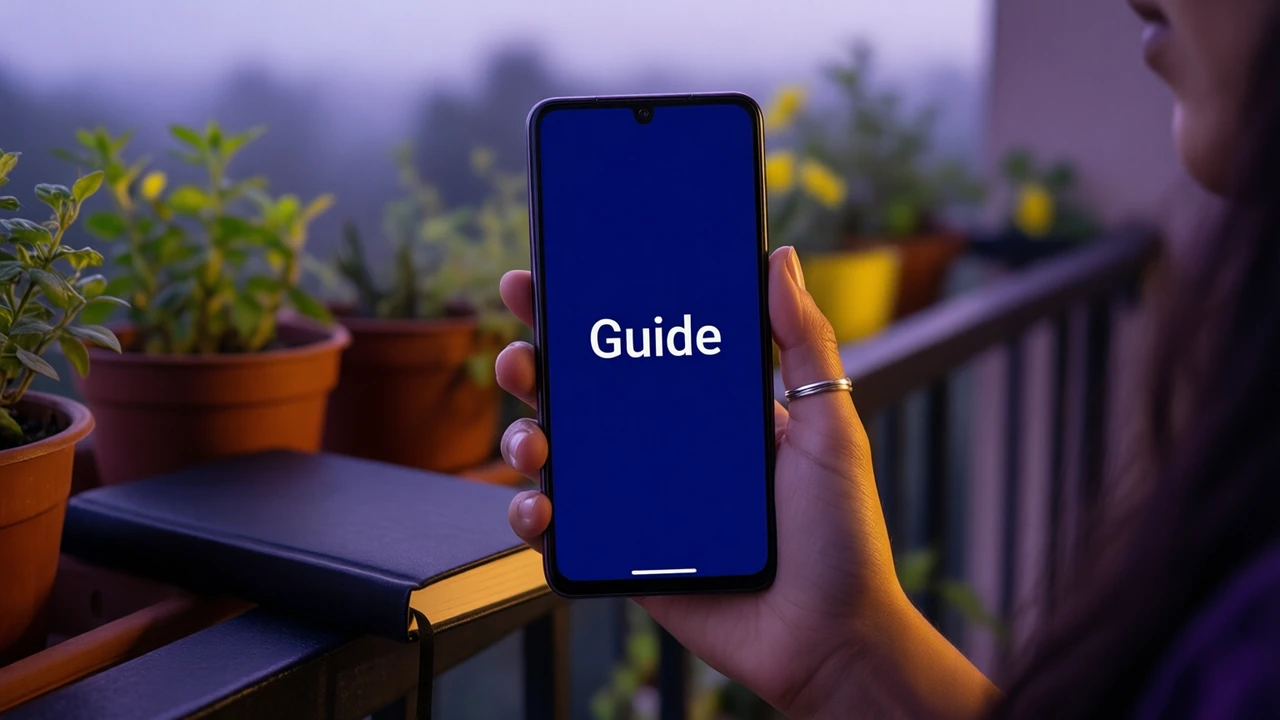Close view of a woman's hand with a thin silver ring holding an Android phone upright on a small balcony at dusk, potted plants and a closed black notebook resting on the railing behind it, the phone screen is a flat deep navy field with the single white word "Guide", only one hand and one phone in the picture