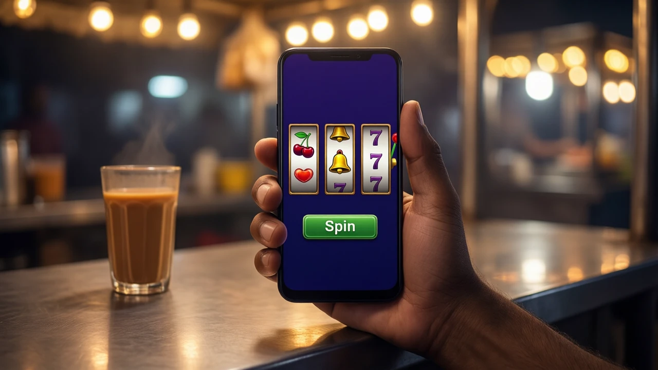 Close view of a man's hand holding an Android phone upright above the steel counter of a roadside tea stall at night, a glass of chai and warm string lights blurred behind it, the phone screen is a flat deep navy field with three tall slot reels showing a cherry, a bell and a seven, and under them one wide green button with the word "Spin", only one hand and one phone in the picture