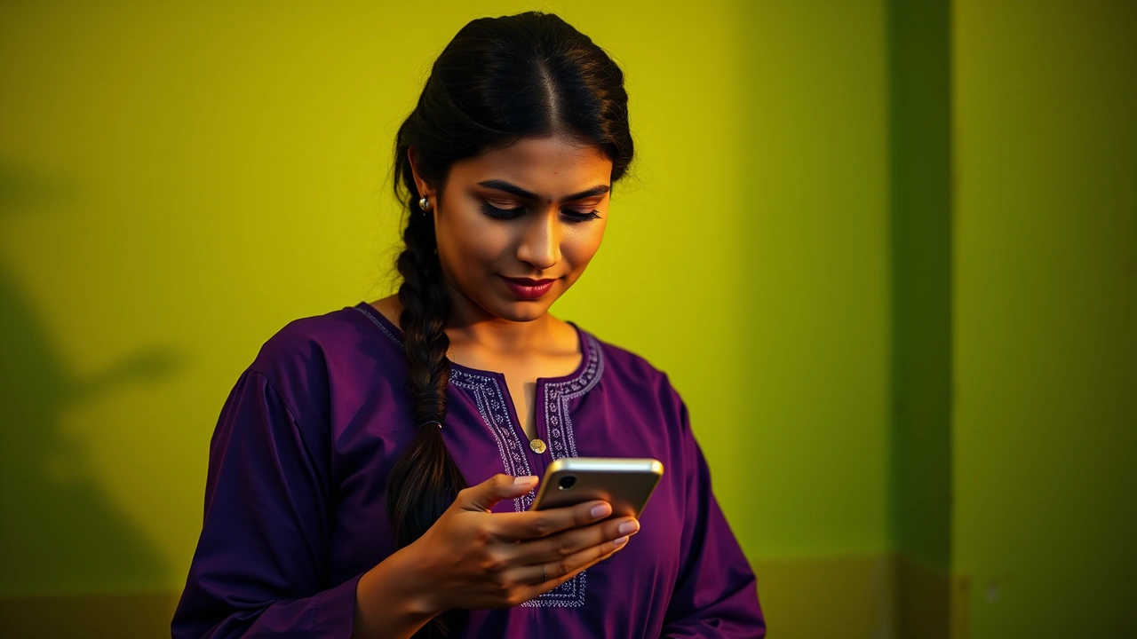 Portrait of an Indian woman in her early thirties with long dark hair in a low plait, in a deep violet cotton kurta, seen in three-quarter view against a plain leaf green wall in warm evening light, looking down at a smartphone held at chest height, its screen angled slightly toward us
