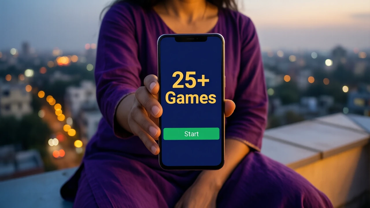 An Indian woman in her late twenties in a violet cotton kurta sitting on a rooftop ledge at dusk with city lights behind her, holding one Android phone toward us at chest height; the phone screen is a flat deep navy field with the large warm yellow words "25+ Games" above one wide green button with the word "Start", only one person and one phone in the picture