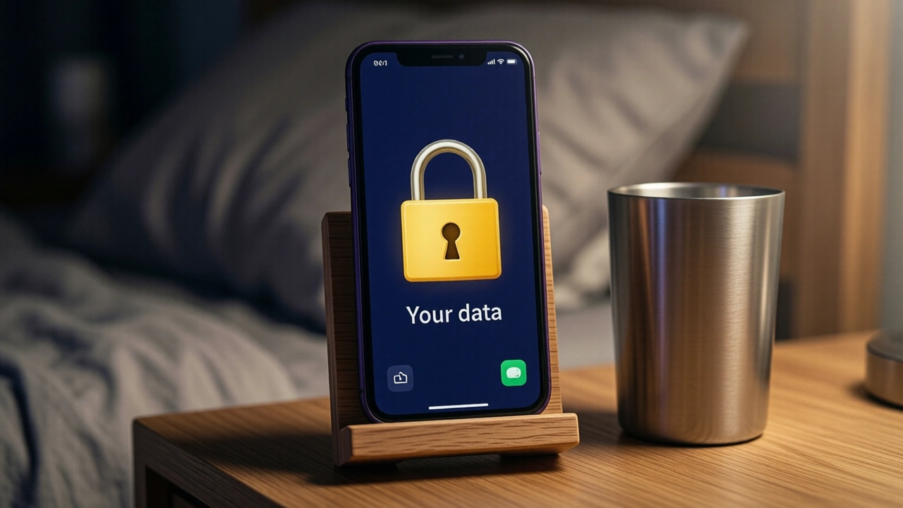 A phone standing in a small wooden stand on a bedside table beside a steel water tumbler in soft night light; the whole phone screen is one flat deep navy field with a large closed padlock in warm yellow, its shackle locked shut, above the white words "Your data", only one phone in the picture