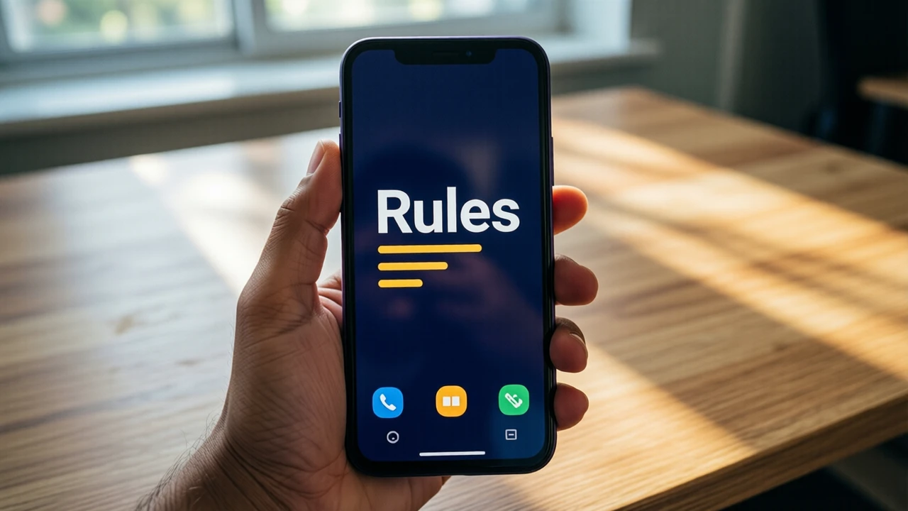 Close view of a hand holding an Android phone upright over a plain wooden desk in daylight; the whole phone screen is one flat deep navy field with the large white word "Rules" above three short warm yellow lines, only one phone in the picture
